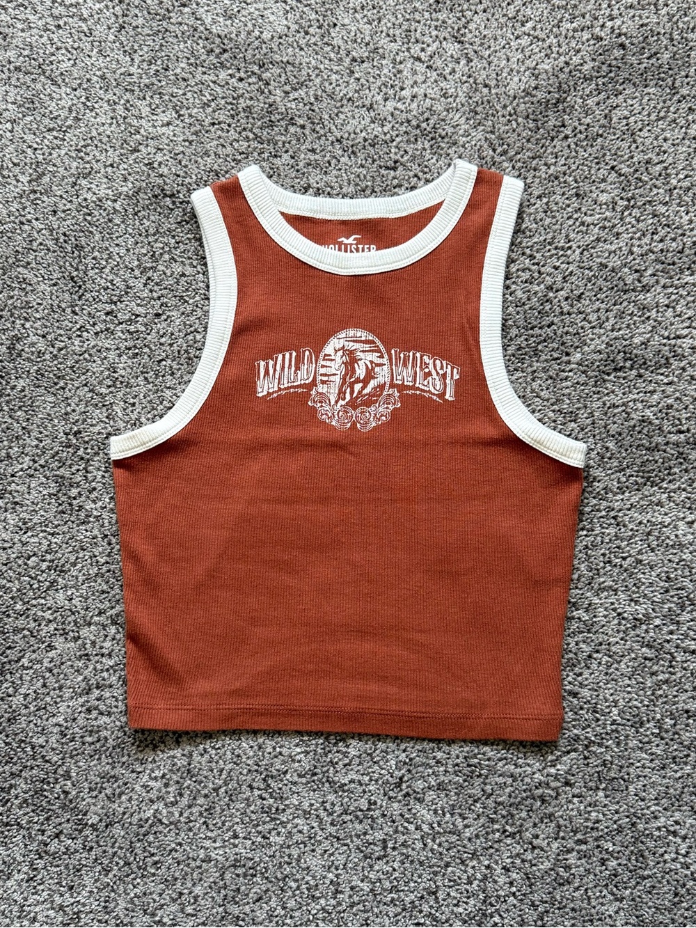 Hollister Orange-Brown Tank Top With White Trim and “Wild West” Horse Graphic